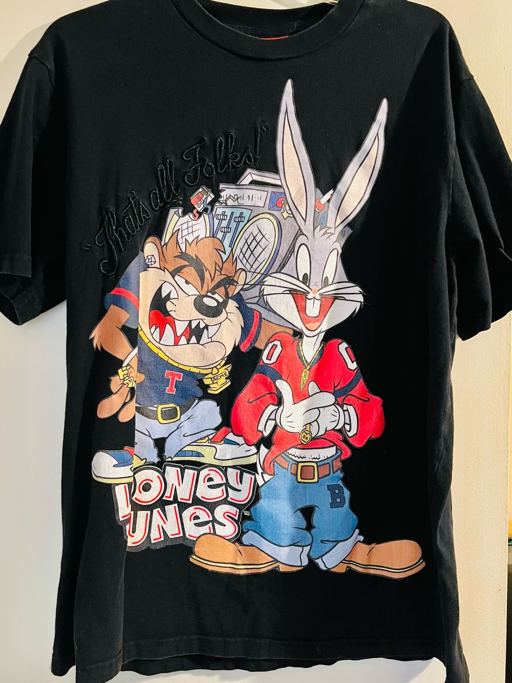 Warner Bros. Looney Tunes Bugs Bunny & Taz Black Graphic Tee VTG Men’s L - Picture 4 of 6